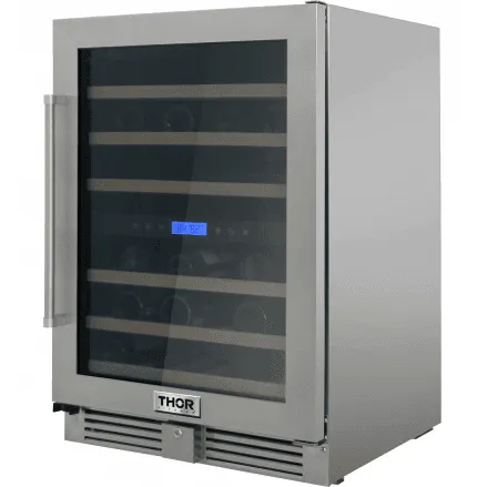 Thor Kitchen TWC2401DO Thor Kitchen 24In. 46-Bottles Indoor/Outdoor Independent Dual Zone Wine Cooler In 304 Stainless Steel With Full Extension Smooth-Glide Wine Racks And Electronic Touch Control