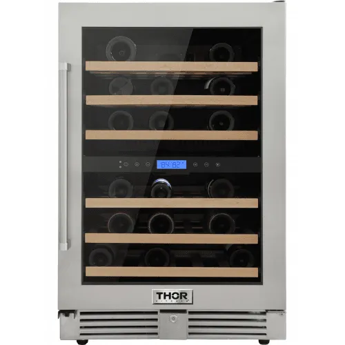 Thor Kitchen TWC2401DO Thor Kitchen 24In. 46-Bottles Indoor/Outdoor Independent Dual Zone Wine Cooler In 304 Stainless Steel With Full Extension Smooth-Glide Wine Racks And Electronic Touch Control