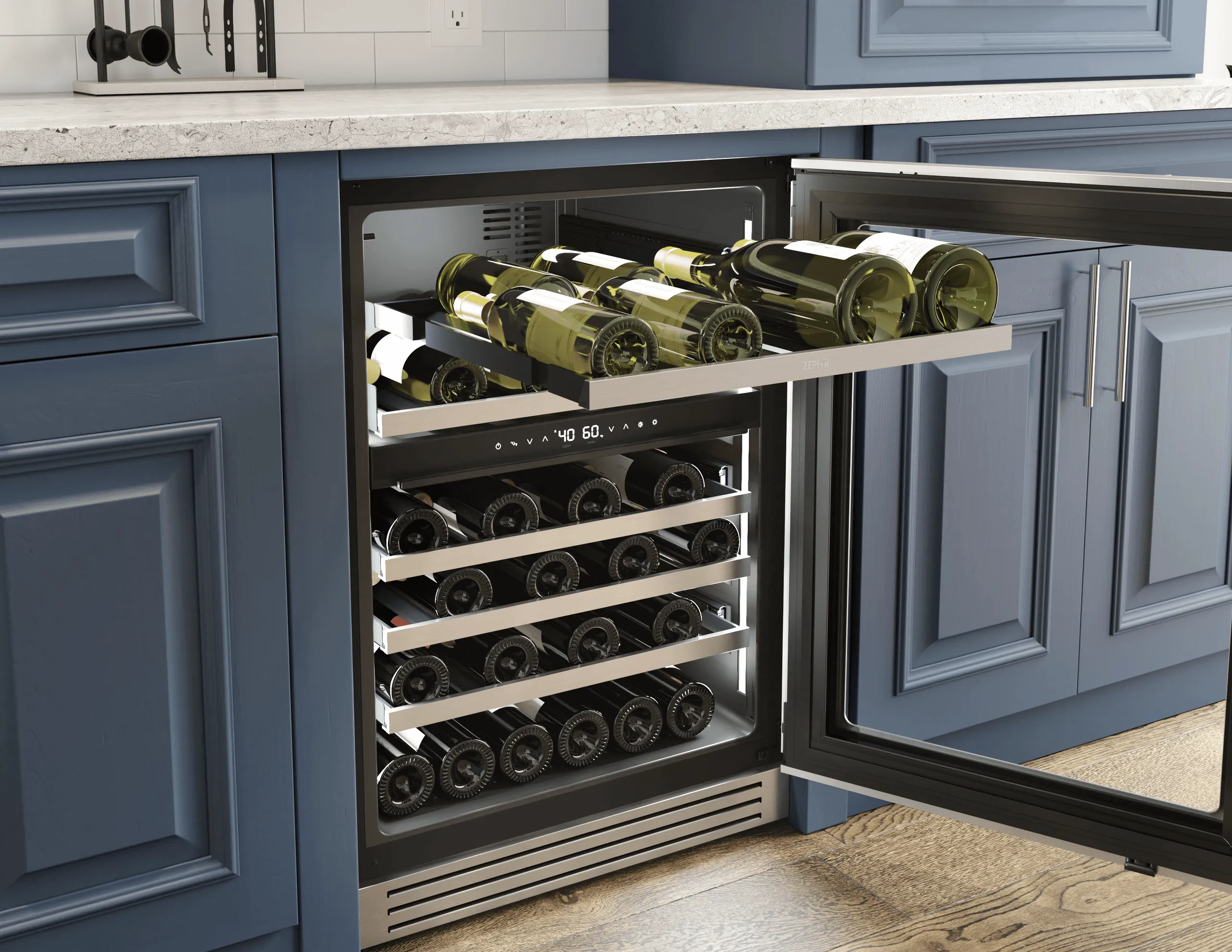 Zephyr PRPW24C02CG Presrv Pro Wine Cooler, 24In Under Cabinet, Ss Glass, Reverse Door, 2 Zone